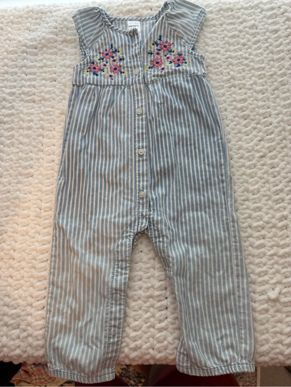 Carter's Light Blue and White Striped Embroidered Romper